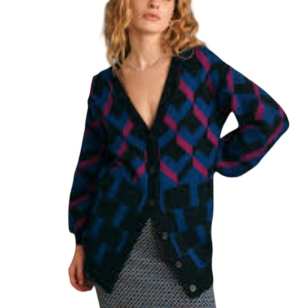 Diane von Furstenberg DVF Geometric Intarsia Wool Blend Cardigan Blue Black S